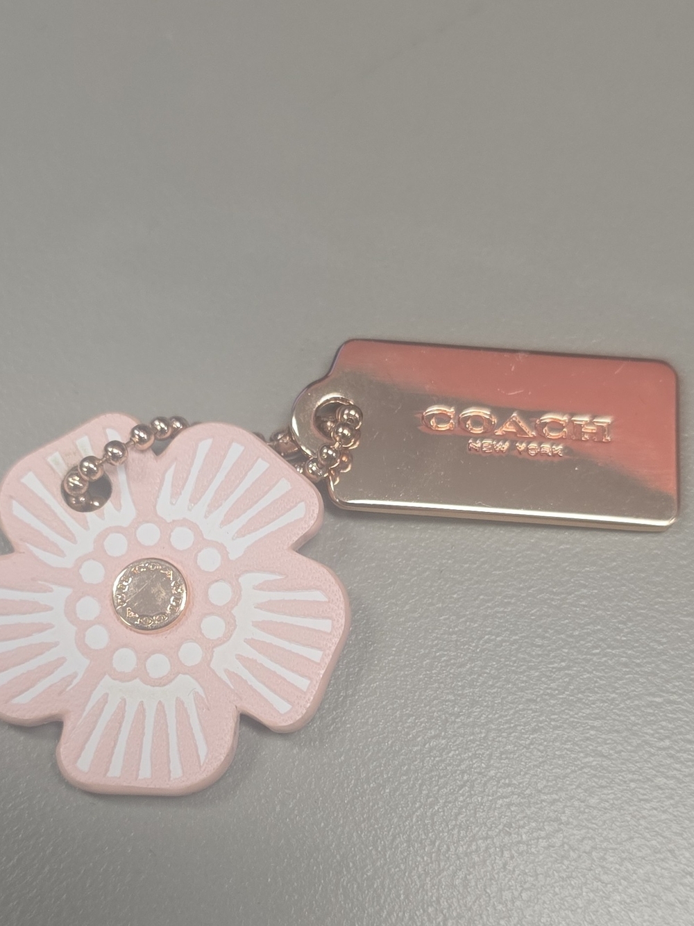 Coach Floral Pink White Rose Gold Metal Leather Flower Key Chain Bag Charm Mini